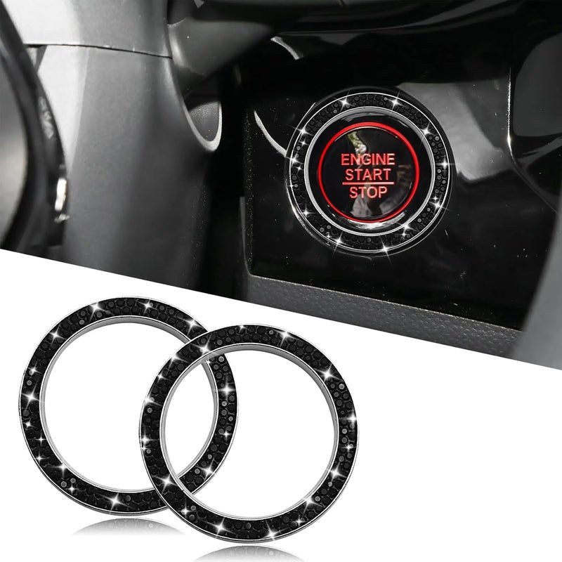 Tecledsn 2pcs Car Bling Crystal Rhinestone Engine Start Decoration Ring, Sparkling Push Start Button Sticker, Key Ignition & Knob Ring Decoration, Bling Car Interior Accessories for Women (Black) - Image 1